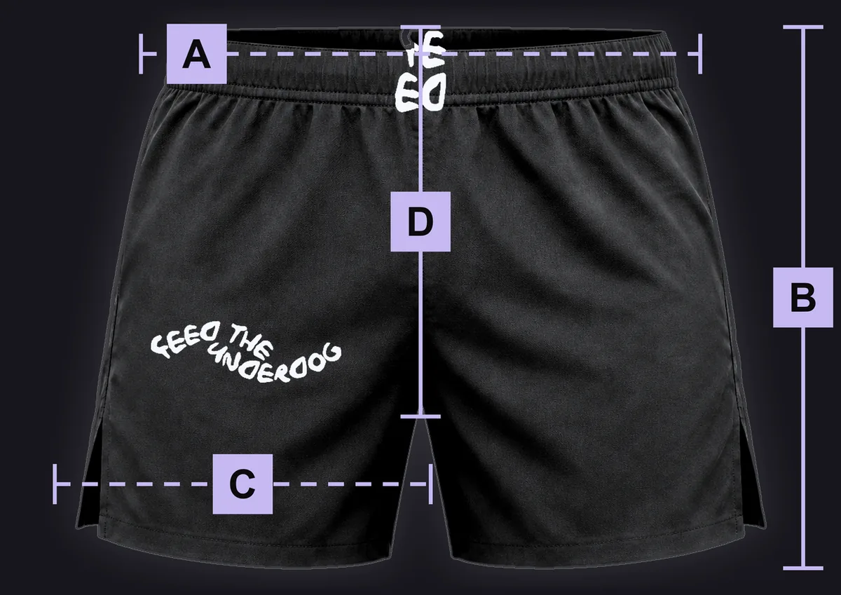 Combat Shorts, front: black mockup marked with the lettered measuring points used in the size table.