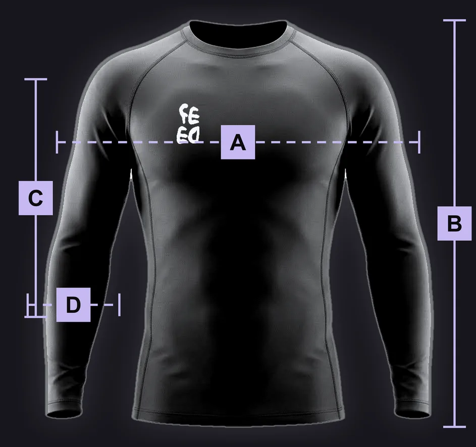 Compression Shirt, long sleeve · short sleeve takes the same chart: black mockup marked with the lettered measuring points used in the size table.