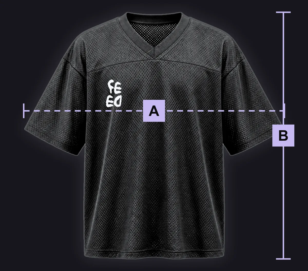 FC Jersey: black mockup marked with the lettered measuring points used in the size table.