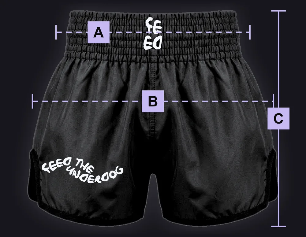 Muay Shorts: black mockup marked with the lettered measuring points used in the size table.