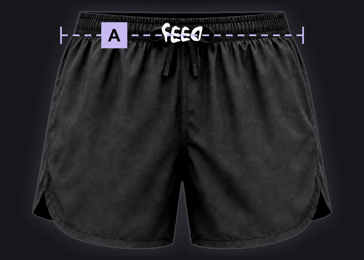 Training Shorts: black mockup marked with the lettered measuring points used in the size table.