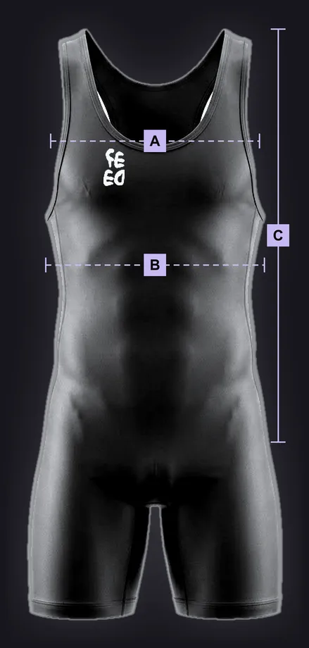 Competition Singlet, men · youth: black mockup marked with the lettered measuring points used in the size table.