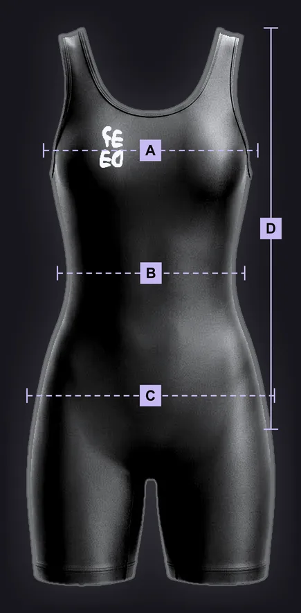 Competition Singlet, women: black mockup marked with the lettered measuring points used in the size table.