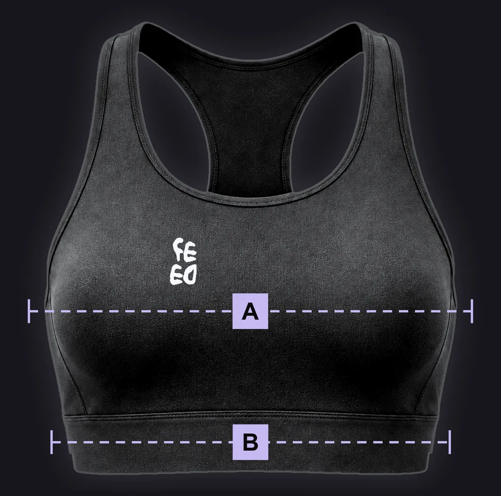 Sports Bra: black mockup marked with the lettered measuring points used in the size table.