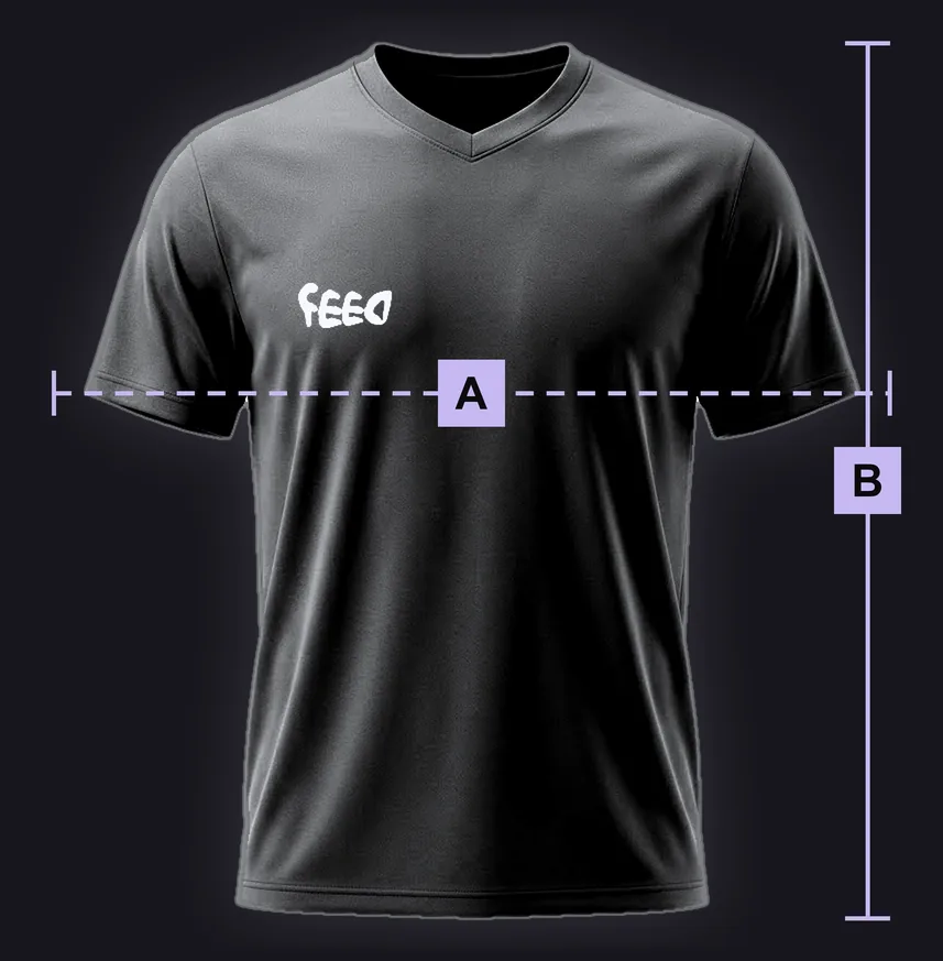 Training Shirt: black mockup marked with the lettered measuring points used in the size table.