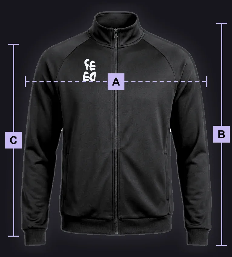 FC Jacket: black mockup marked with the lettered measuring points used in the size table.