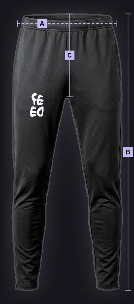 FC Pants: black mockup marked with the lettered measuring points used in the size table.